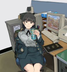 Rule 34 | 1girl, at computer, black eyes, black hair, book, breasts, camouflage, can, chair, coat of arms, computer, cowboy shot, crt, female soldier, file, file cabinet, hand in pocket, hand up, heroes of might and magic, heroes of might and magic iii, highres, holding, holding can, indoors, jacket, keyboard (computer), looking at viewer, medium breasts, medium hair, might and magic, military, military uniform, monitor, monster energy, mouse (computer), office chair, original, paper, playing games, product placement, republic of korea army, ribbon bar, sitting, skirt, slouching, solo, swivel chair, thighs, unbuttoned, uniform, wani (perfect han)