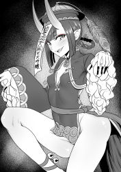 Rule 34 | 1girl, ankle ribbon, bell, blush, braid, braided hair rings, breasts, china dress, chinese clothes, cleavage cutout, clothing cutout, covered navel, dress, eyeliner, fangs, fate/grand order, fate (series), fingernails, frills, greyscale, hair rings, hands up, hat, heroic spirit festival outfit, highres, horns, jiangshi, jingle bell, knee up, koori tsuku, leg ribbon, long sleeves, looking at viewer, makeup, monochrome, ofuda, oni, open mouth, peacock feathers, pelvic curtain, pointy ears, qingdai guanmao, ribbon, sash, sharp fingernails, short hair, shuten douji (fate), shuten douji (festival outfit) (fate), side slit, skin-covered horns, small breasts, smile, solo, thighs, twin braids, wide sleeves