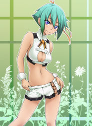 Rule 34 | 10s, 1girl, anti (untea9), aquarion (series), aquarion evol, bare shoulders, blue eyes, blush, breasts, cleavage, cleavage cutout, clothing cutout, green hair, hair ribbon, highres, large breasts, looking at viewer, midriff, navel, revealing clothes, ribbon, short hair, short shorts, shorts, smile, solo, wrist cuffs, zessica wong