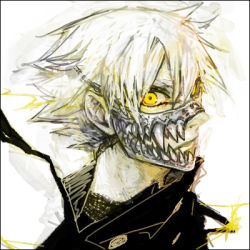 Rule 34 | 1boy, close-up, coat, expressionless, ha.skr (hasukara), looking at viewer, lowres, male focus, mask, original, simple background, solo, spiked hair, teeth, upper body, white background, white hair, yellow eyes