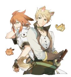 Rule 34 | 2boys, animal ears, black shirt, blonde hair, brown gloves, brown vest, buttons, choker, closed mouth, collarbone, commentary, cropped legs, cropped shirt, dog, dog ears, dog tail, fingerless gloves, gloves, green choker, green eyes, guy cecil, highres, jacket, long sleeves, luke fon fabre, male focus, multiple boys, popped collar, rabbit, rabbit ears, red eyes, sheath, sheathed, shirt, short hair, short sleeves, sidelocks, sweatdrop, sword, symbol-only commentary, tail, tales of (series), tales of the abyss, upper body, vest, weapon, white background, white jacket, white shirt, xing 20