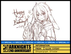 Rule 34 | 1boy, animal ears, anniversary, ansel (arknights), arknights, artist name, black border, border, commentary, company name, copyright name, csyday, english commentary, floppy ears, gloves, greyscale, hair between eyes, hands up, holding, jacket, looking at viewer, lop rabbit ears, male focus, monochrome, necktie, official art, open clothes, open jacket, rabbit boy, rabbit ears, short hair, signature, simple background, smile, solo, thumbs up, trap, upper body, v-shaped eyebrows, white background