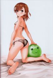 Rule 34 | 1girl, absurdres, ass, ball, bare shoulders, barefoot, bed sheet, bikini, blush, breasts, brown eyes, brown hair, closed mouth, feet, female focus, from behind, full body, hair ornament, highres, isshi pyuma, kneeling, legs, looking at viewer, looking back, misaka mikoto, scan, short hair, small breasts, soles, solo, swimsuit, thighs, toaru kagaku no railgun, toaru majutsu no index, toes