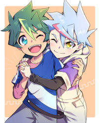 Rule 34 | 2boys, blue hair, character request, child, commentary request, cowboy shot, green hair, hand on another&#039;s shoulder, holding, holding hands, looking at viewer, male focus, moyurusun, multicolored hair, multiple boys, one eye closed, pink background, pink hair, shinkalion (series), shinkansen henkei robo shinkalion, simple background, smile, streaked hair, teeth, usui abuto, yellow eyes