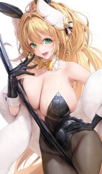 Rule 34 | 1girl, animal ears, bare shoulders, black gloves, black leotard, blonde hair, blush, bow, bowtie, breasts, brown pantyhose, cleavage, detached collar, fake animal ears, gloves, goddess of victory: nikke, green eyes, hair intakes, hair ornament, highleg, highleg leotard, highres, huge breasts, leotard, long hair, looking at viewer, official alternate costume, open mouth, pantyhose, playboy bunny, rabbit ears, ruhee, rupee (nikke), rupee (rabbit deluxe) (nikke), sidelocks, smile, solo, very long hair