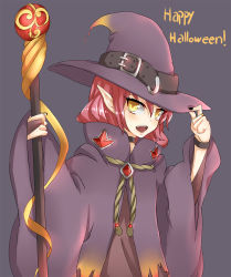 Rule 34 | 1girl, black nails, bridal gauntlets, choker, enki (dragonfire), fang, halloween, halloween costume, happy halloween, hat, jewelry, long hair, nail polish, open mouth, pink hair, pointy ears, ring, simple background, solo, staff, witch, witch hat, wristband, yellow eyes