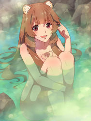 Rule 34 | 1girl, animal ear fluff, animal ears, blunt bangs, blush, breast tattoo, breasts, brown hair, chest tattoo, chiharu (9654784), completely nude, twirling hair, highres, hugging own legs, long hair, looking at viewer, medium breasts, nervous smile, nude, onsen, open mouth, partially submerged, raccoon ears, raccoon girl, raccoon tail, raphtalia, red eyes, rock, sitting, smile, solo, steam, sweatdrop, tail, tate no yuusha no nariagari, tattoo, very long hair, water