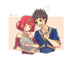 Rule 34 | baby, father and daughter, glimmer (xenoblade), highres, holding baby, mochimochi (xseynao), mother and daughter, pyra (xenoblade), red hair, rex (xenoblade), short hair, xenoblade chronicles (series), xenoblade chronicles 2, xenoblade chronicles 3, xenoblade chronicles 3: future redeemed