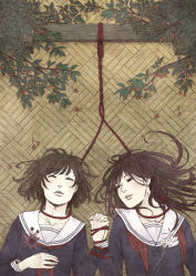 Rule 34 | 2girls, against wall, bamboo, bamboo screen, black eyes, black serafuku, blue serafuku, bound, bound wrists, branch, brown background, brown hair, closed eyes, collarbone, floating hair, flower, foliage, hand on own chest, hanged, holding, holding flower, holding hands, implied suicide, leaf, leaning, lips, long hair, long sleeves, looking at another, looking to the side, medium hair, multiple girls, muted color, neckerchief, noose, original, pale skin, parted bangs, parted lips, plant, purple flower, red neckerchief, rope, sadie322, school uniform, serafuku, short hair, sleeve cuffs, suicide, undone neckerchief, wooden wall, yuri