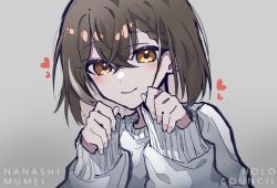 Rule 34 | 1girl, alternate costume, blush, brown hair, character name, fingernails, grey background, heart, highres, hololive, hololive english, looking at viewer, mentally deficient, multicolored hair, nanashi mumei, oversized clothes, short hair, sleeves past wrists, smile, streaked hair, sweater, virtual youtuber, white sweater, yellow eyes