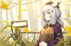 Rule 34 | 1girl, arknights, armband, bag, beret, black hat, commentary, food, hat, highres, holding, holding bag, jacket, long hair, long sleeves, looking at viewer, official alternate costume, orange eyes, pointy hair, ptilopsis (arknights), ptilopsis (serenity) (arknights), purple jacket, rhine lab logo, shiliuyexiaohei, silver hair, solo, upper body