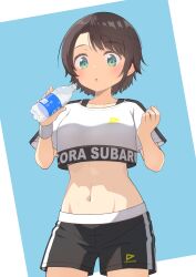 Rule 34 | 1girl, absurdres, black shorts, blue eyes, blush, bottle, breasts, brown hair, character name, crop top, furuneo10, highres, holding, holding bottle, hololive, hololive dance practice uniform, looking at viewer, medium breasts, navel, official alternate costume, oozora subaru, revision, shirt, short hair, short shorts, shorts, simple background, solo, stomach, virtual youtuber, water bottle, white shirt