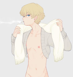 Rule 34 | 1boy, blonde hair, cigarette, male focus, miya (24toys), muted color, nipples, original, smoke, solo, towel