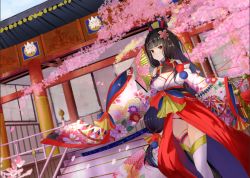 Rule 34 | 1girl, architecture, bare shoulders, black hair, blunt bangs, breasts, center opening, cherry blossoms, chinese commentary, cleavage, closed mouth, east asian architecture, expressionless, floral print, flower, hair bobbles, hair flower, hair ornament, hand fan, japanese clothes, kagura (onmyoji), long hair, long sleeves, nanoda002 (saber427), off shoulder, onmyoji, petals, red eyes, solo, stairs, standing, thighhighs, underwear, white thighhighs, wide sleeves