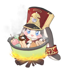 Rule 34 | 1other, :3, :o, blue eyes, blush stickers, campfire, commentary request, cooking, cooking pot, fire, food, hat, highres, honkai: star rail, honkai (series), mushroom, nabe, nervous sweating, no humans, oden, panicking, peaked cap, pom-pom (honkai: star rail), rabbit, shiitake, simple background, sweat, top hat, v-shaped eyebrows, wood, yosik