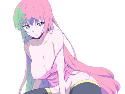 Rule 34 | 1girl, arm support, bare arms, bare shoulders, black thighhighs, blue eyes, bottomless, breasts, cleavage, clothes down, collarbone, earo, female focus, highres, large breasts, long hair, looking at viewer, megurine luka, nipple slip, nipples, no panties, one breast out, open mouth, pink hair, shy, simple background, sitting, solo, strap slip, tank top, thighhighs, undressing, vocaloid, white background