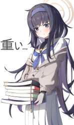 Rule 34 | 1girl, absurdres, bags under eyes, band (skymole01), black eyes, black hair, blue archive, book, book stack, bow, commentary request, hair between eyes, hair bow, hair ribbon, hairband, halo, heavy, highres, holding, holding book, jewelry, long hair, long sleeves, looking at viewer, low twintails, necklace, pendant, pleated skirt, pout, ribbed sweater, ribbon, school uniform, serafuku, sidelocks, simple background, skirt, solo, sweater, translation request, turtleneck, turtleneck sweater, twintails, ui (blue archive)