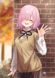 Rule 34 | 1girl, :d, absurdres, against wall, black ribbon, blurry, blurry background, blush, brick wall, brown skirt, closed eyes, dress shirt, facing viewer, fate/grand order, fate (series), hair over one eye, harukappa, highres, long sleeves, mash kyrielight, medium hair, miniskirt, neck ribbon, open mouth, pink hair, pleated skirt, ribbon, shirt, skirt, smile, solo, standing, straight hair, sweater, waving, white shirt, yellow sweater
