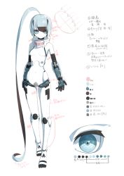 Rule 34 | 1girl, ahoge, android, arms at sides, blue eyes, blue hair, brown hair, character sheet, close-up, colored skin, commentary request, eyes visible through hair, full body, huge ahoge, humanoid robot, multicolored hair, original, robot, short hair, solo, suzukou, translation request, transparent, two-tone hair, white background, white skin