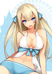 Rule 34 | 10s, 1girl, absurdres, amagi brilliant park, bare shoulders, blonde hair, blue eyes, breasts, collarbone, curvy, dean (momodean), highres, large breasts, long hair, looking at viewer, navel, open mouth, shorts, solo, sylphy (amaburi), two side up, wide hips