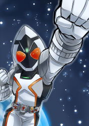 Rule 34 | 1boy, belt, clenched hand, clenched hands, foreshortening, kamen rider, kamen rider fourze, kamen rider fourze (series), male focus, nishida megane, outstretched arm, raised fist, solo, space