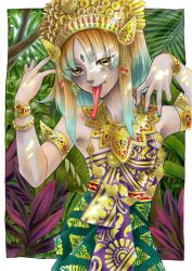 Rule 34 | 1girl, alternate costume, blonde hair, bracelet, branch, crown, dress, forehead jewel, frog girl, gem, green gemstone, green nails, highres, horizontal pupils, jewelry, jungle, leaf, long hair, long neck, long tongue, moriya suwako, multicolored clothes, multicolored dress, nail polish, nature, red gemstone, smile, teeth, tongue, tongue out, touhou, traditional media, tree, upper teeth only, whoru, yellow eyes