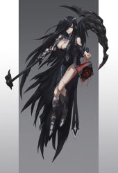 Rule 34 | 1girl, armored boots, black hair, bloodborne, book, boots, breasts, cleavage, dress, floating, floating book, floating object, guihuo inferno, highres, holding, holding scythe, long hair, medium breasts, one eye covered, original, parted lips, red eyes, scythe, side slit, smile, solo