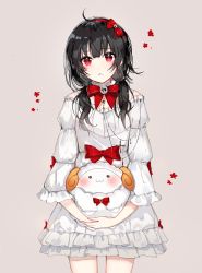 Rule 34 | 1girl, :&lt;, :3, ahoge, beige background, black hair, closed mouth, cowboy shot, dress, frills, hairband, holding, long hair, long sleeves, looking at viewer, low twintails, naru (ul), original, red eyes, sheep, sidelocks, simple background, solo, stuffed animal, stuffed sheep, stuffed toy, twintails, white dress