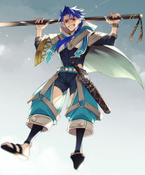 Rule 34 | 1boy, asymmetrical bangs, asymmetrical clothes, blue hair, bodysuit, bodysuit under clothes, bracelet, braid, braided ponytail, capelet, child, closed mouth, clothing cutout, cu chulainn (fate), dagger, earrings, fang, fate/grand order, fate/grand order arcade, fate (series), full body, grin, holding, holding staff, jewelry, knife, long hair, looking at viewer, male focus, ponytail, popped collar, puffy pants, red eyes, sandals, scabbard, setanta (fate), sheath, single braid, smile, solo, spiked hair, staff, thigh cutout, weapon, x-r5xxxlove
