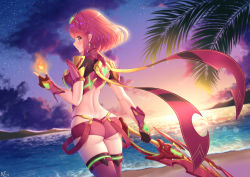 Rule 34 | 1girl, absurdres, artist name, ass, back, bare back, beach, black gloves, blush, bob cut, breasts, closed mouth, cloud, commentary request, cowboy shot, earrings, evening, fingerless gloves, fire, fire, from behind, gloves, gradient sky, highres, holding, holding sword, holding weapon, horizon, jewelry, ken-san, large breasts, looking at viewer, looking back, neon trim, nintendo, ocean, palm tree, pyra (xenoblade), pyrokinesis, red eyes, red hair, red shorts, red thighhighs, revealing clothes, short hair, short shorts, shorts, sky, smile, solo, star (sky), starry sky, sunlight, sunset, sword, thighhighs, tiara, tree, water, weapon, wrist guards, xenoblade chronicles (series), xenoblade chronicles 2
