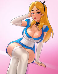 Rule 34 | 1girl, alice (alice in wonderland), alice in wonderland, alternate breast size, arm up, black choker, black ribbon, blonde hair, blue dress, blue eyes, breasts, choker, cleavage, crossed legs, disney, dress, elbow gloves, fingerless gloves, fingernails, gloves, hair ribbon, hand on own head, hand up, highres, large breasts, legs, lips, lipstick, long hair, loodncrood, looking at viewer, makeup, mole, mole on breast, nail polish, puffy short sleeves, puffy sleeves, red lips, red nails, ribbon, short dress, short sleeves, sitting, thighhighs, thighs, white gloves, white thighhighs