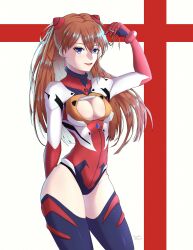 Rule 34 | 1girl, adapted costume, alternate costume, arms behind head, artist request, blue eyes, boots, breasts, brown hair, cleavage, cleavage cutout, clothing cutout, curvy, elbow gloves, from side, gloves, hair ornament, hand on own hip, high heels, highleg, highleg leotard, highres, jewelry, large breasts, leotard, lips, long hair, looking at viewer, neon genesis evangelion, official alternate costume, pilot suit, plugsuit, rebuild of evangelion, red leotard, red thighhighs, revealing clothes, shiny clothes, shiny skin, simple background, smile, solo, souryuu asuka langley, standing, thigh boots, thighhighs, turtleneck, two side up, wide hips