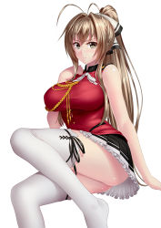 Rule 34 | 10s, 1girl, amagi brilliant park, antenna hair, ass, bare shoulders, blush, breasts, brown eyes, brown hair, hair ribbon, huge breasts, kai (link2262), long hair, looking at viewer, no shoes, ponytail, ribbon, sento isuzu, shiny skin, simple background, sitting, skirt, solo, thighhighs, very long hair, white background, white thighhighs, yellow eyes