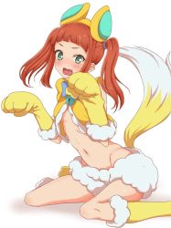 Rule 34 | 1girl, aikatsu! (series), aikatsu stars!, animal costume, animal ears, animal hands, aqua eyes, bad id, bad pixiv id, bell, blouse, blue bow, blunt bangs, blush, boots, bow, bowtie, breasts, embarrassed, fake animal ears, fake tail, fang, fox costume, fox ears, fox tail, frilled shirt, frills, fur-trimmed footwear, fur-trimmed gloves, fur trim, gloves, groin, knee boots, kumahubuki, long hair, looking at viewer, midriff, navel, neck bell, no bra, nose blush, open mouth, orange hair, paw gloves, paw pose, saotome ako, shadow, shiny skin, shirt, simple background, sitting, sleeveless, sleeveless shirt, small breasts, solo, stomach, tail, twintails, underboob, v-shaped eyebrows, wariza, white background, wool shorts, yellow footwear, yellow shirt