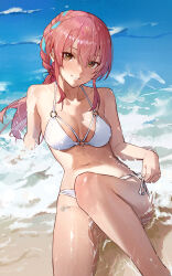 Rule 34 | 1girl, arm support, artist name, bare shoulders, beach, bikini, blue ribbon, blush, braid, breasts, cleavage, collarbone, commission, eyelashes, feet out of frame, hair between eyes, hair ribbon, halterneck, highres, idolmaster, idolmaster cinderella girls, idolmaster cinderella girls starlight stage, jougasaki mika, knee up, long hair, looking at viewer, medium breasts, navel, o-ring, o-ring bikini, o-ring top, ocean, outdoors, paid reward available, parted lips, pink hair, ponytail, psd available, ribbon, shallow water, shore, side-tie bikini bottom, sidelocks, single braid, sitting, skeb commission, smile, solo, sooon, stomach, swimsuit, twitter username, untied bikini, water, wet, white bikini, yellow eyes