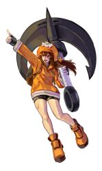 anchor bike_shorts boots cabbie_hat fingerless_gloves gloves guilty_gear guilty_gear_strive hat hat_ornament highres holding holding_anchor hood hoodie jacket may_(guilty_gear) orange_boots orange_hat orange_hoodie orange_jacket pirate pirate_hat skull_and_crossbones skull_hat_ornament uncle_rabbit_ii