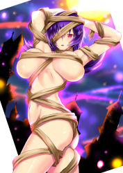 Rule 34 | 1girl, alternate costume, armpits, arms behind head, ass, bandage over one eye, bandages, breasts, breasts apart, cowboy shot, creatures (company), game freak, gym leader, halloween, highres, large breasts, looking at viewer, midriff, navel, nintendo, one eye covered, open mouth, pokemon, pokemon hgss, purple hair, red eyes, sabrina (pokemon), solo, tagme, takecha, tsurime