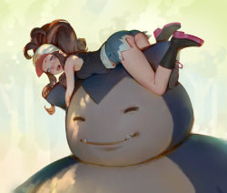 Rule 34 | 1girl, :d, ass, bare arms, bare shoulders, black footwear, black shirt, blue eyes, blue shorts, boots, brown hair, closed mouth, creatures (company), dappled sunlight, day, denim, denim shorts, fangs, from side, game freak, gen 1 pokemon, hilda (pokemon), image sample, knee boots, long hair, looking to the side, lying, nintendo, on stomach, open mouth, pokemon, pokemon (creature), pokemon bw, ponytail, shirt, short shorts, shorts, sleeveless, smile, snorlax, sunlight, teeth, thighs, timbougami