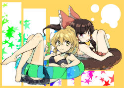 Rule 34 | 2girls, bikini, black bikini, black bow, blonde hair, bow, braid, brown hair, closed mouth, commentary request, cup, drinking glass, drinking straw, earrings, frilled bow, frilled hair tubes, frills, hair bow, hair tubes, hakurei reimu, ikki3nomi, innertube, jewelry, kirisame marisa, light blush, long hair, looking at viewer, multiple girls, on innertube, rectangle, red bow, red eyes, side braid, single braid, smile, star (symbol), star earrings, swim ring, swimsuit, tongue, tongue out, touhou, yellow background, yellow eyes