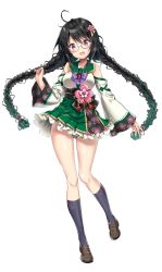 Rule 34 | 1girl, bare shoulders, black hair, black legwear, blush, braid, breasts, collarbone, commentary, detached sleeves, floral print, frills, full body, glasses, green hair, hair ornament, head tilt, highres, hirayu mitsuba, japanese clothes, loafers, looking at viewer, medium breasts, multicolored hair, obi, official art, onsen musume, open mouth, purple eyes, riichu, sash, shoes, simple background, skirt, smile, solo, standing, twin braids, twintails, white background, wide sleeves