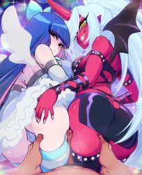 Rule 34 | 1boy, 2girls, angel, angel wings, ass, bare shoulders, black panties, black wings, blunt bangs, bow, breasts, butt crack, colored skin, demon girl, fang, foreskin, green bow, grin, group sex, hair bow, highres, horns, kneesocks (psg), large breasts, legjob, long hair, looking back, merunyaa, multiple girls, panties, panty &amp; stocking with garterbelt, penis, pussy juice, red horns, red skin, single horn, skindentation, skirt, smile, stocking (psg), teeth, thigh grab, thigh sex, thighhighs, threesome, uncensored, underwear, white hair, wings