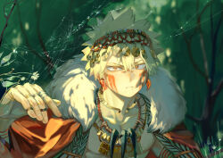 Rule 34 | abs, alternate costume, analogous colors, arm at side, bakugou katsuki, bead necklace, beads, blonde hair, blurry, blurry background, boku no hero academia, cape, choker, closed mouth, dangle earrings, dew drop, double-parted bangs, earrings, facepaint, flower, foliage, fur-trimmed cape, fur trim, gold choker, gold necklace, hair between eyes, hand up, jacket, jewelry, leaf, light frown, looking at viewer, male focus, multiple necklaces, multiple rings, necklace, open clothes, open hand, open jacket, portrait, red cape, red eyes, red pepper earrings, ring, sanpaku, short hair, silk, solo, spider web, spiked hair, sunlight, taro-k, tooth necklace, tree, water drop