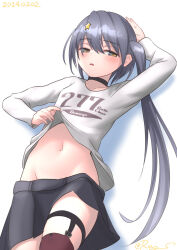 Rule 34 | 1girl, black choker, black skirt, choker, cowboy shot, grey eyes, grey hair, groin, hair ornament, hairclip, kantai collection, lying, navel, official alternate costume, one-hour drawing challenge, ray.s, scamp (kancolle), shirt, shirt hold, side ponytail, simple background, single thighhigh, skirt, solo, star (symbol), star hair ornament, thighhighs, white background, white shirt