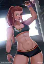 Rule 34 | 1girl, abs, belly, bra, breasts, brigitte (overwatch), brown hair, closed mouth, eyebrows, female focus, koshiosaur, lips, long hair, looking at viewer, matching hair/eyes, medium breasts, navel, overwatch, overwatch 1, ponytail, purple eyes, shorts, solo, stomach, underwear
