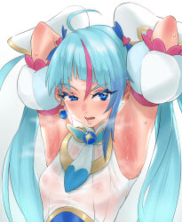 Rule 34 | 1girl, ahoge, armpits, arms up, blue eyes, blue hair, blush, check commentary, commentary, commentary request, covered erect nipples, cure sky, detached sleeves, earrings, eyelashes, heart ribbon, highres, hirogaru sky! precure, jewelry, kouya toufu, long hair, looking at viewer, magical girl, multicolored hair, nipples, open mouth, precure, presenting armpit, see-through, simple background, sora harewataru, steam, steaming body, streaked hair, sweat, sweaty clothes, twintails, upper body, white background