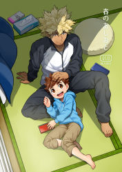 Rule 34 | 2boys, age difference, barefoot, blonde hair, brown eyes, brown hair, feet, full body, hand on another&#039;s head, highres, hood, hoodie, male focus, monster hunter (series), monster hunter stories, mozuku (mozukuojisan), multiple boys, onii-shota, open mouth, reverto (monster hunter stories), ryuuto (monster hunter stories), smile