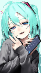 Rule 34 | 1girl, ^^^, absurdres, ahoge, aqua background, aqua hair, aqua nails, bazurita sanka (vocaloid), blue eyes, cellphone, commentary, crossed arms, grey hoodie, hair ornament, half-closed eyes, hands up, hatsune miku, highres, holding, holding phone, hood, hoodie, lips, looking at viewer, nail polish, open mouth, phone, ribbed sleeves, rsk (tbhono), smartphone, smile, solo, teeth, translated, twitter, upper body, v, vocaloid