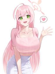 Rule 34 | 1girl, absurdres, ahoge, alternate costume, aoi riko, blue archive, blush, braid, breasts, collarbone, commentary request, crop top, green eyes, halo, hanako (blue archive), heart, highres, huge breasts, large breasts, long hair, looking at viewer, open mouth, pink hair, pink shirt, shirt, short sleeves, side braid, simple background, skirt, solo, spoken heart, teeth, upper teeth only, very long hair, waving, white background, white skirt