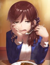 Rule 34 | 1girl, black scrunchie, blue jacket, breasts, brown eyes, brown hair, collared shirt, commentary request, curry, curry rice, dress shirt, food, hair between eyes, hair ornament, hair over shoulder, hair scrunchie, hands up, highres, holding, holding spoon, jacket, long hair, long sleeves, looking at viewer, monosenbei, noel (tsukihime), open clothes, open jacket, parted bangs, plate, rice, scrunchie, shirt, small breasts, solo, spoon, sweat, tsukihime, tsukihime (remake), upper body, white shirt