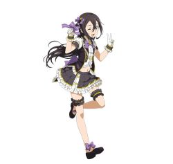 Rule 34 | 1boy, ;d, androgynous, ankle bow, ankle ribbon, black eyes, black footwear, black hair, bow, bowtie, crossdressing, floating hair, frilled gloves, frills, full body, gloves, hair between eyes, hair bow, holding, holding microphone, idol, kirito, kirito (sao-ggo), layered skirt, leg ribbon, leg up, long hair, looking at viewer, male focus, microphone, midriff, miniskirt, navel, one eye closed, open mouth, purple bow, purple bowtie, ribbon, short sleeves, simple background, skirt, smile, solo, standing, standing on one leg, stomach, sword art online, thigh strap, trap, v, very long hair, white background, white gloves